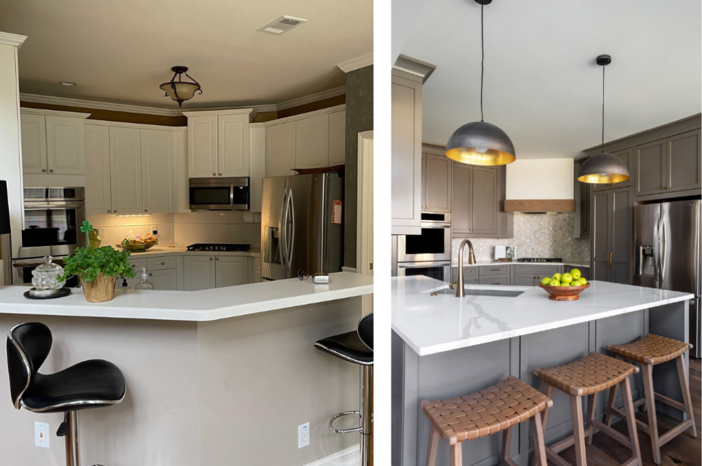 Before and after pictures of a modern sleek kitchen that got new countertops and a hidden pantry.