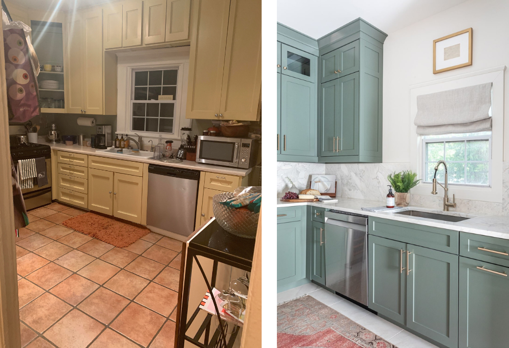 Before and after pictures of small kitchen. New tile, cabinet paint, and appliances round out this modern transformation.