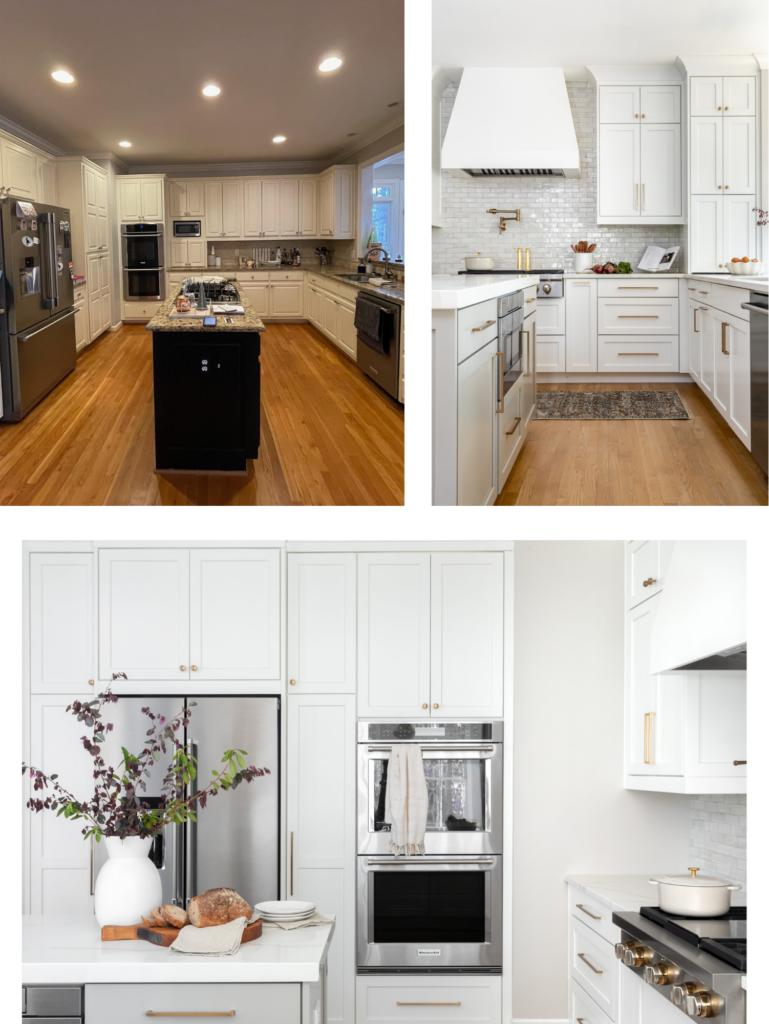 Before and after pictures of modern kitchen remodel in Milton, Georgia. The new kitchen features an appliance rearrangement with a beautiful white kitchen hood, rose goal pot filer, and white cabinets with gold hardware. 
