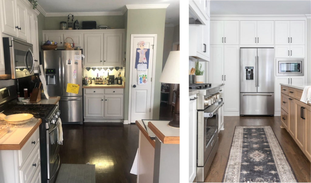 Before and after pictures of a kitchen that was cluttered with various objects taking up most of the counter space. In the after, a light wood kitchen island was added and the white cabinets surrounding the fridge now reach the ceiling. 