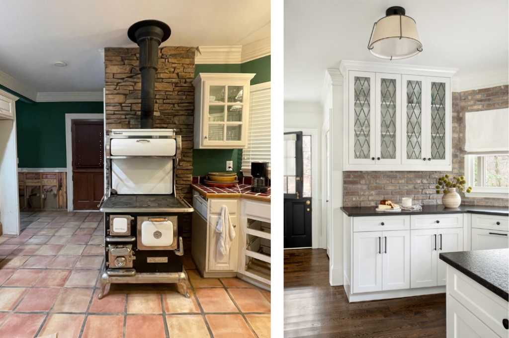 Before and after pcitures of cottage kitchen with outdated tile and an old fashioned stove to a white modern kitchen with brick veneer backsplash