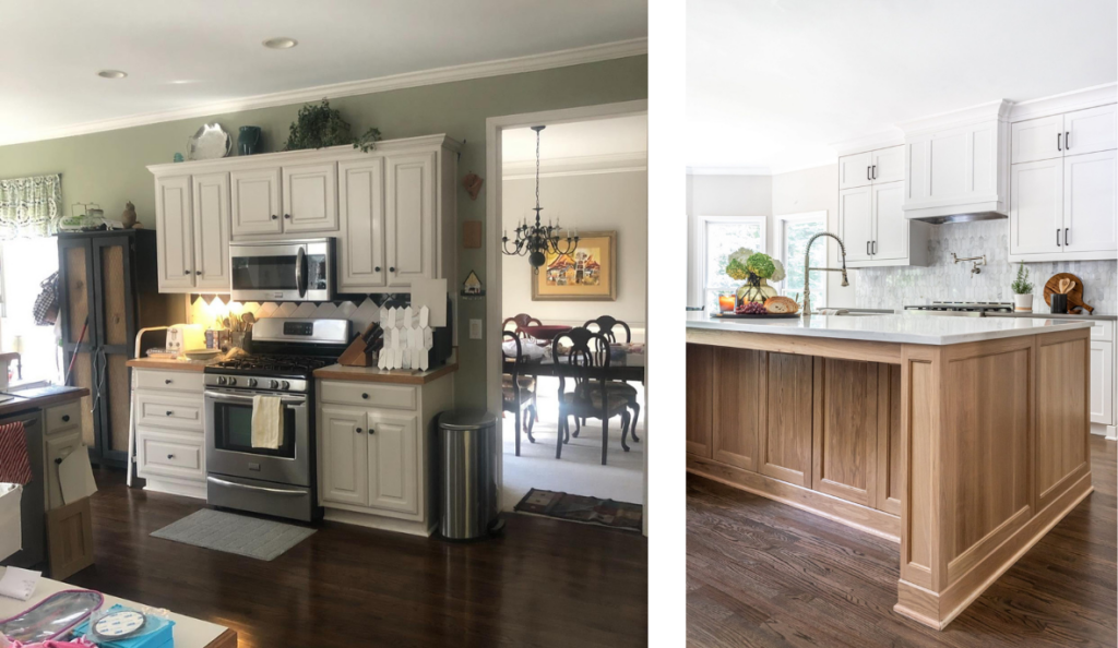 Before and after pictures of a kitchen with a now large kitchen island, white tile backsplash, and increased storage and surface area