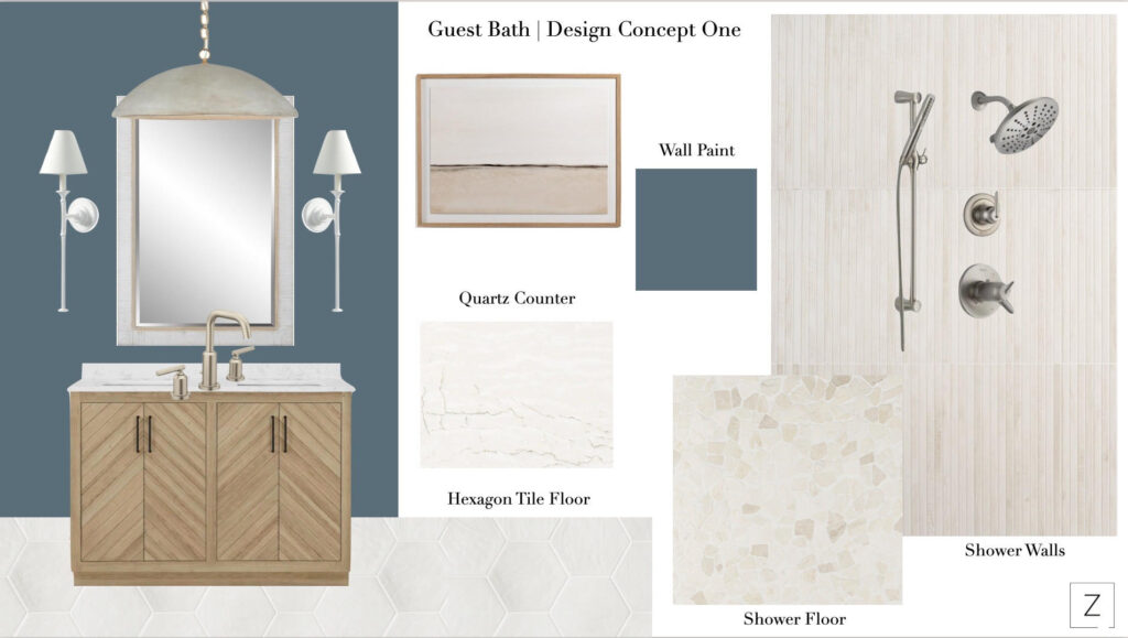 An example of a guest bath design concept put together by a home renovation interior designer. Shows swatches for paint, counter top and shower materials, fixtures ideas, and artwork.