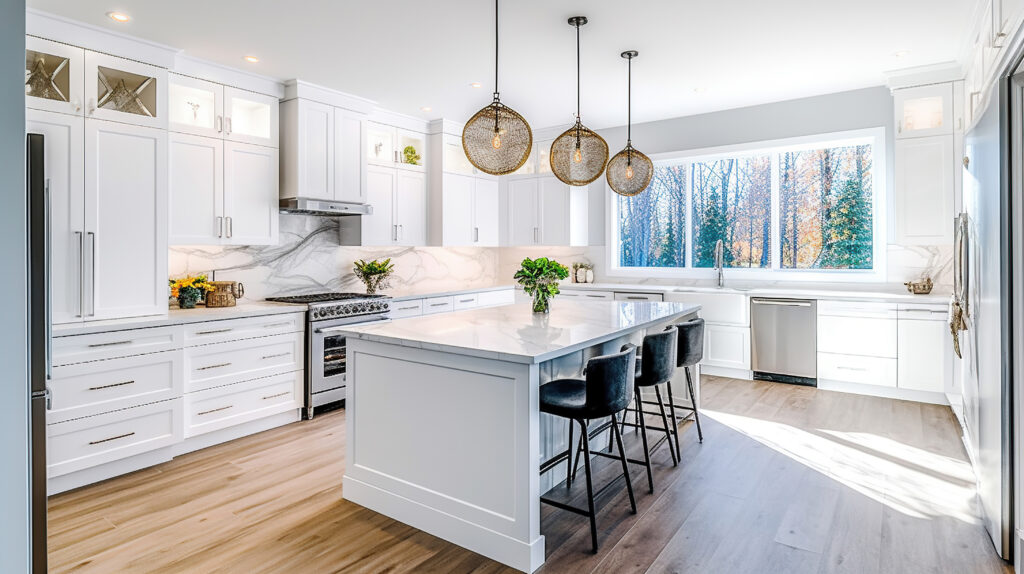 Minimal recessed lights shine above the stove and countertop area on one side of the kitchen. In the middle hangs 3 brown pendant lights over a white kitchen island with 3 black chairs. 