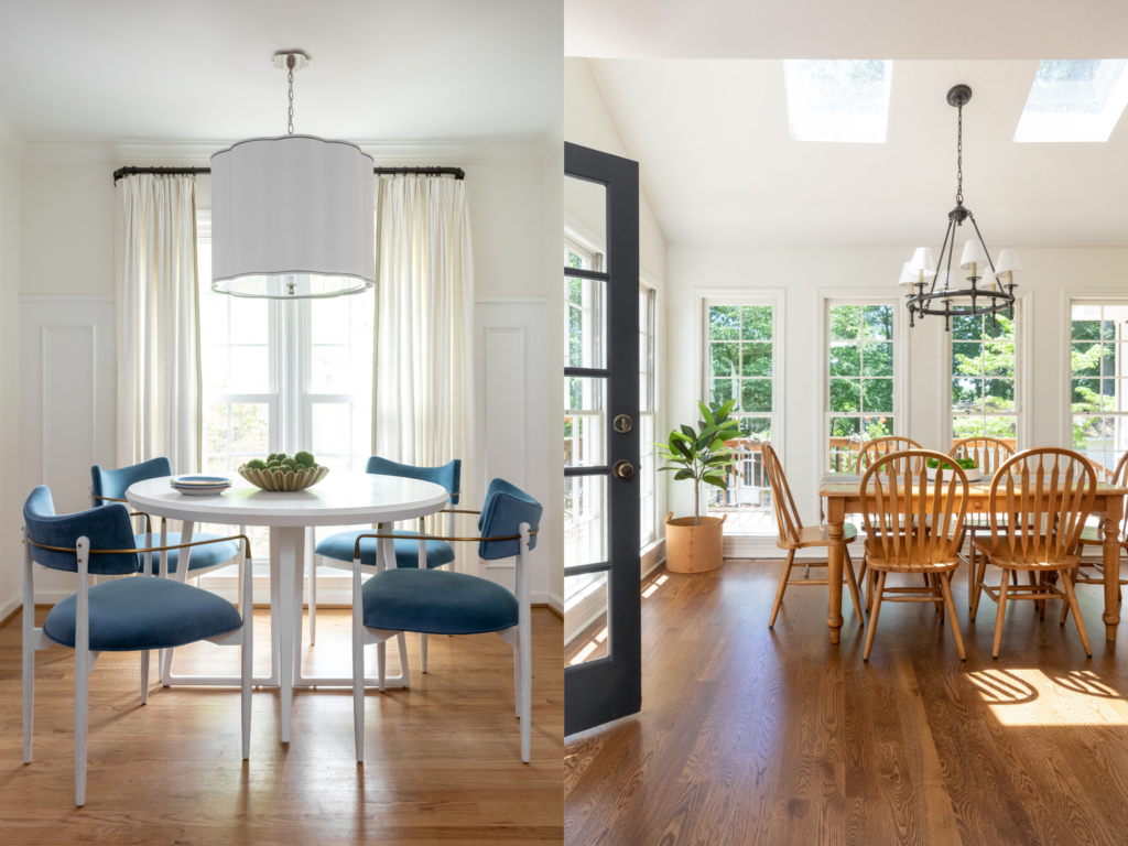 Hanging shade lights, one big, wavy shade hanging over a white round table that has 4 blue and gold chairs situated around it. In other image, a chandelier with multiple shades situated in a circle hangs above a wooden table with door-length windows in background. 