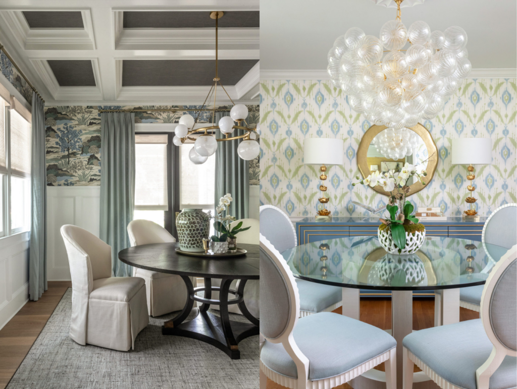 Two dining rooms featuring the modern classical wallpaper trends of 2023. Designs featured include a blue and green diamond patterned wall and a blue and green wallpaper with trees and landscape. 