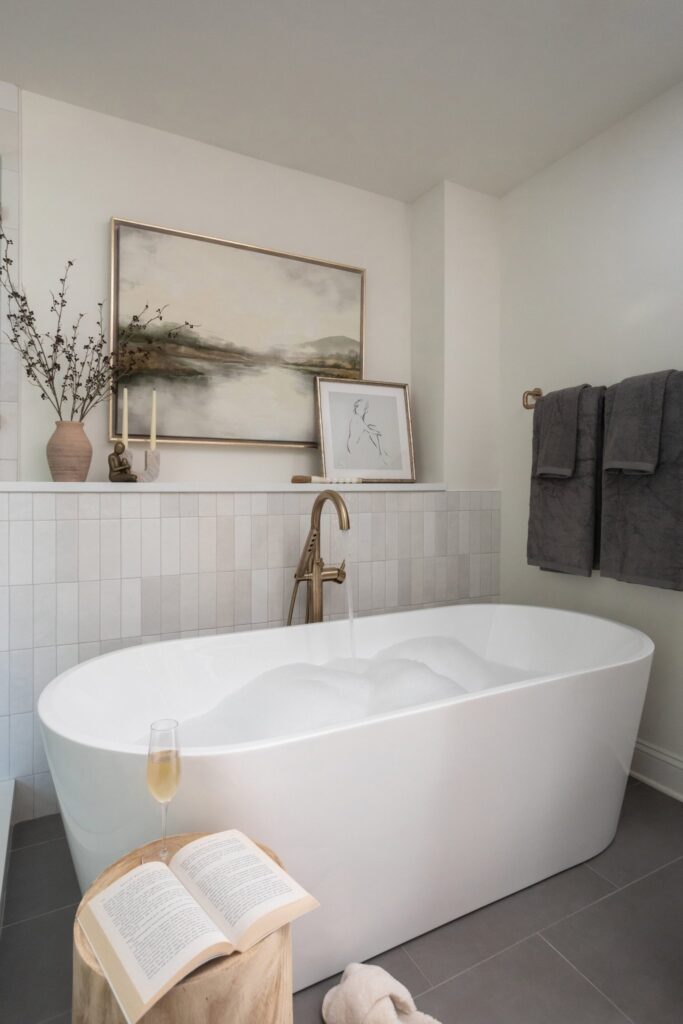 Vintage bathroom with soaking tub, dried flowers, candlesticks, line art, and a book and glass of champagne sitting on a wood stump. 