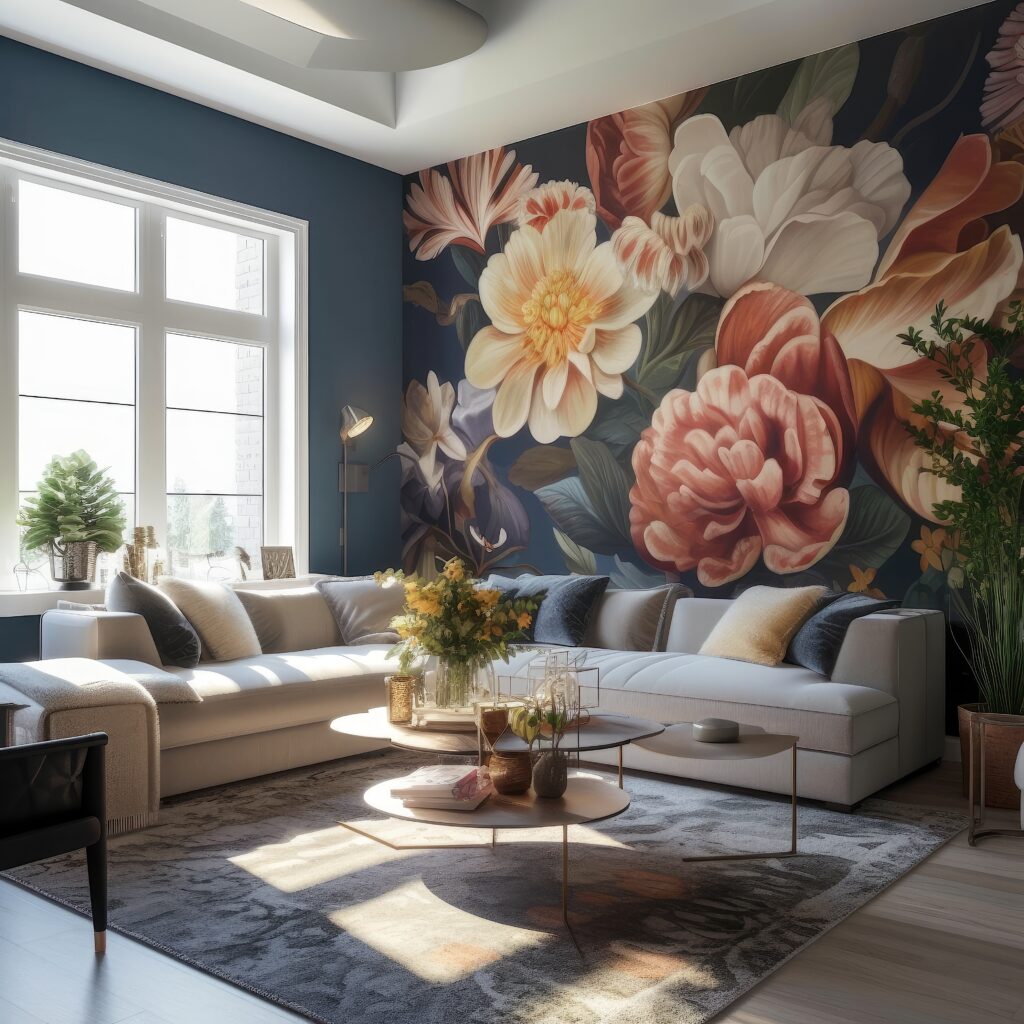 Wallpaper in living room with large, pink and white realistic flowers on blue background. Gray sectional sits below.