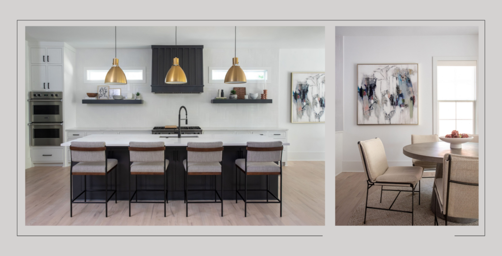 Brookhaven Modern kitchen with gold pendant lights, gray and black island chairs, and white countertops. Abstract art, round dining room table, cream chairs. 