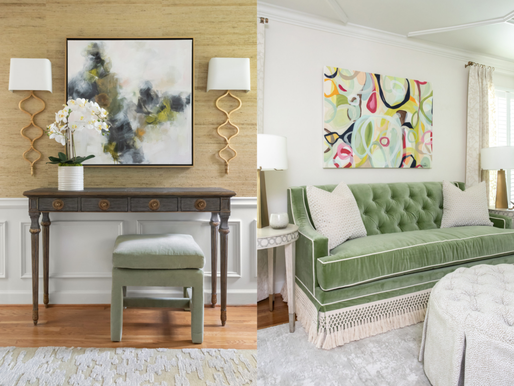 Green tufted couch with colorful abstract art hanging above. Squiggly sconces hang on jute wall in entryway. 
