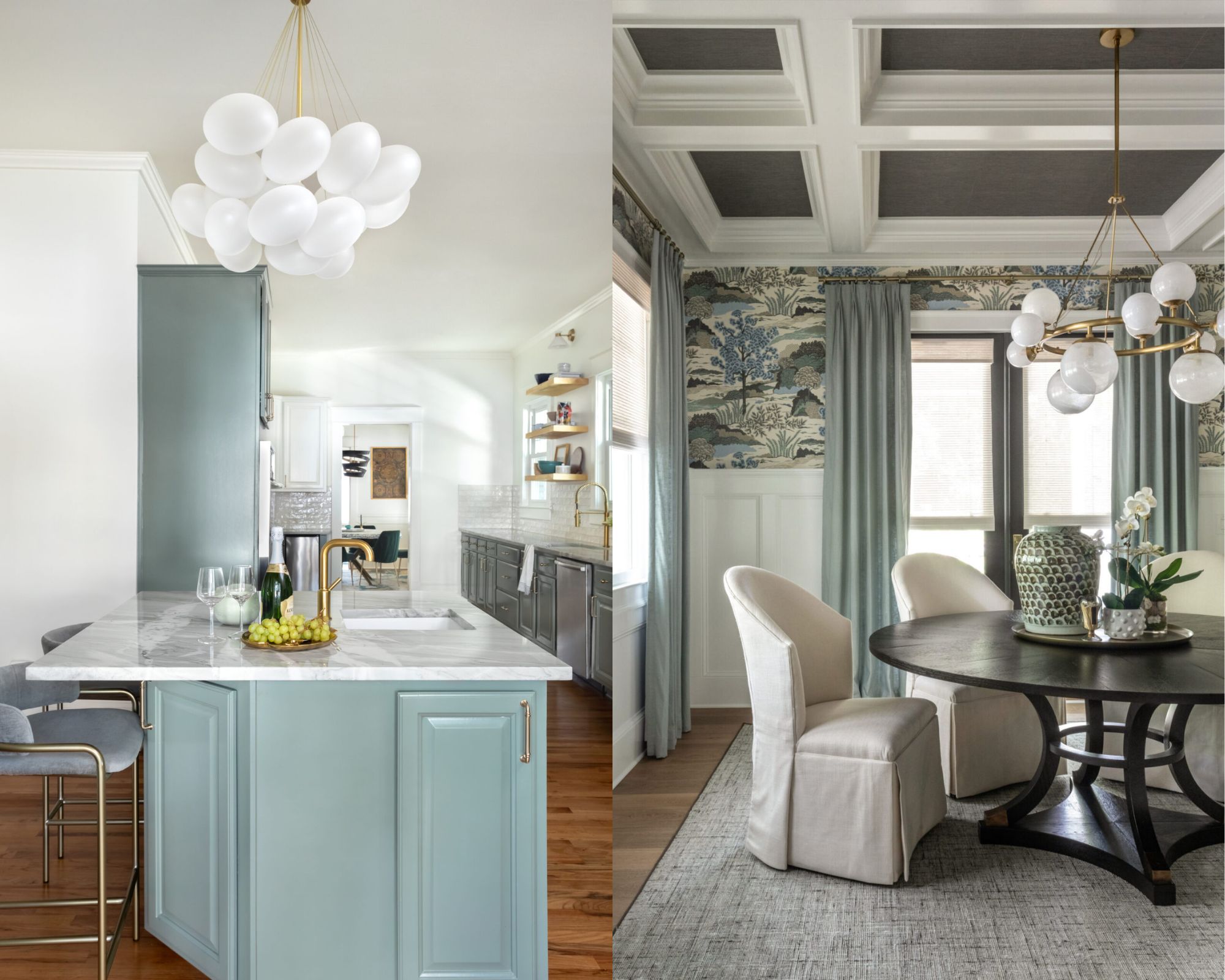 Three examples of bubble chandeliers hanging over dining room tables or kitchen islands.