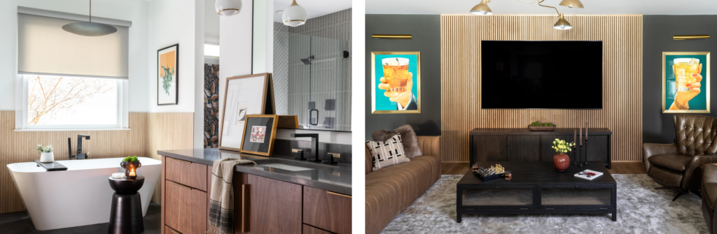 A chic bathroom with a freestanding tub, wood-paneled walls, and a dual vanity with dark countertops, complemented by a modern living room with wood accents and a large TV.