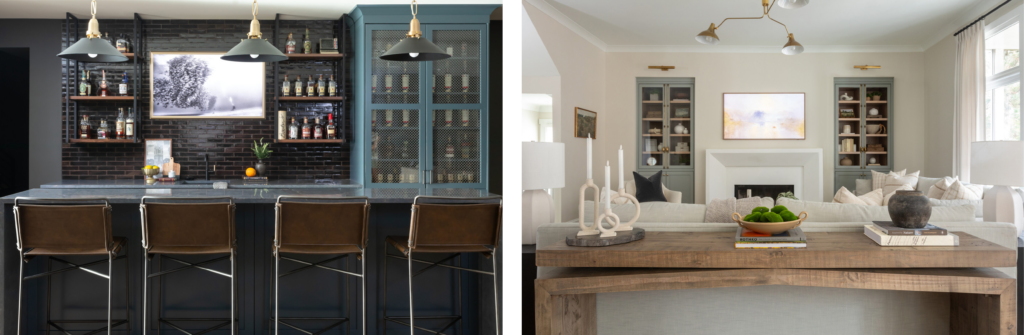 A stylish home bar area with dark cabinetry, a brick backsplash, and three leather barstools, contrasted with a light and airy living room featuring a cozy seating area and built-in cabinetry.