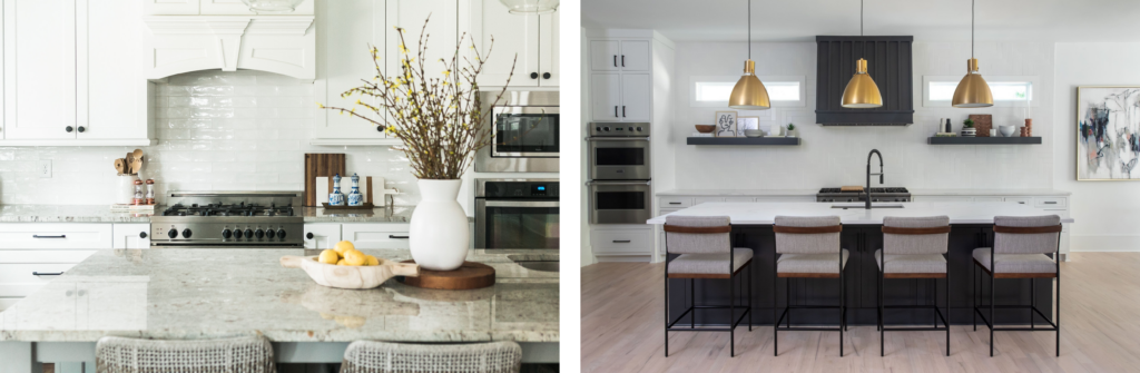 A modern white kitchen with subway tile backsplash, stainless steel appliances, and a granite countertop decorated with a simple white vase holding branches. A contemporary kitchen with a large island, black cabinetry, and gold pendant lights above the bar stools, set against a backdrop of white walls and sleek shelving.