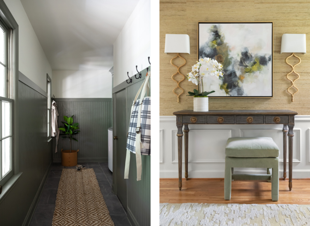 A narrow mudroom with green beadboard paneling, a long runner rug, and a small potted plant near the end, featuring hooks along the walls for hanging bags and coats. An elegant console table with intricate carvings, set against a textured wall with a modern abstract painting, flanked by two wall-mounted lamps with gold accents.