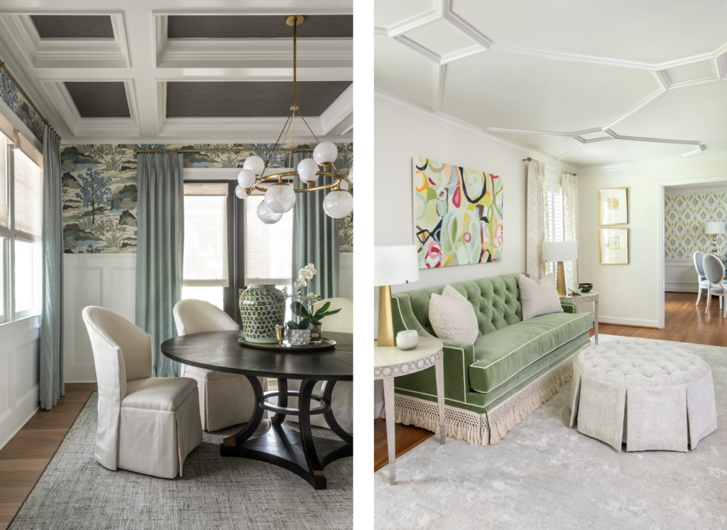 A sophisticated dining room with wainscoting, floral wallpaper, and a round dining table under a statement chandelier, and a living room with a green velvet sofa and abstract artwork, and decorative ceiling.