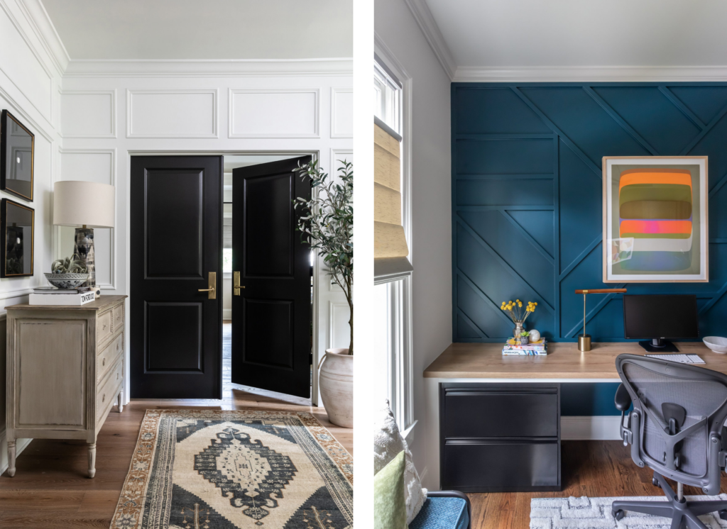 A traditional entryway with black double doors, white paneled moulding, and a rustic wooden console, paired with a cozy home office featuring a bold blue accent wall and modern desk setup.