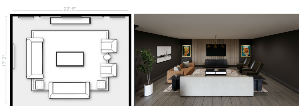 Floor plan and 3D rendering of a living room with a sofa facing two chairs, featuring a balanced and contemporary seating arrangement in a spacious room.