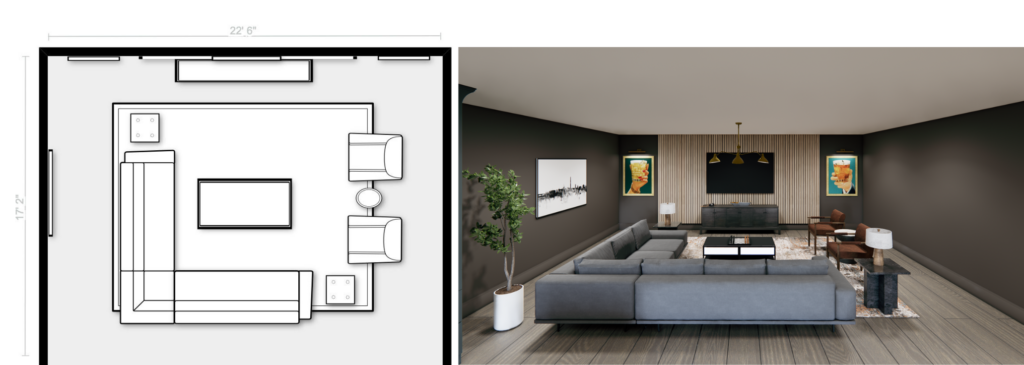 Floor plan and 3D rendering of a living room with a sectional sofa and two accent chairs, showcasing a modern layout with a neutral color palette.