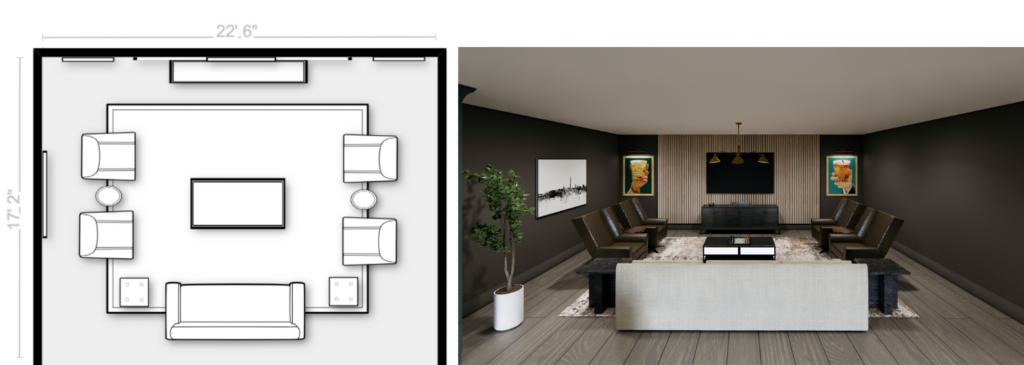 Floor plan and 3D rendering of a living room with a four-chair seating layout, providing a flexible and symmetrical seating option in a modern space.