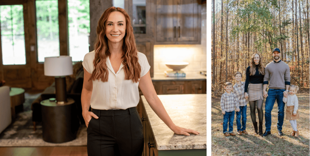 Heather Z Eason, standing in newly remodeled home in Blue Ridge. Her family (right photo) in forest. 